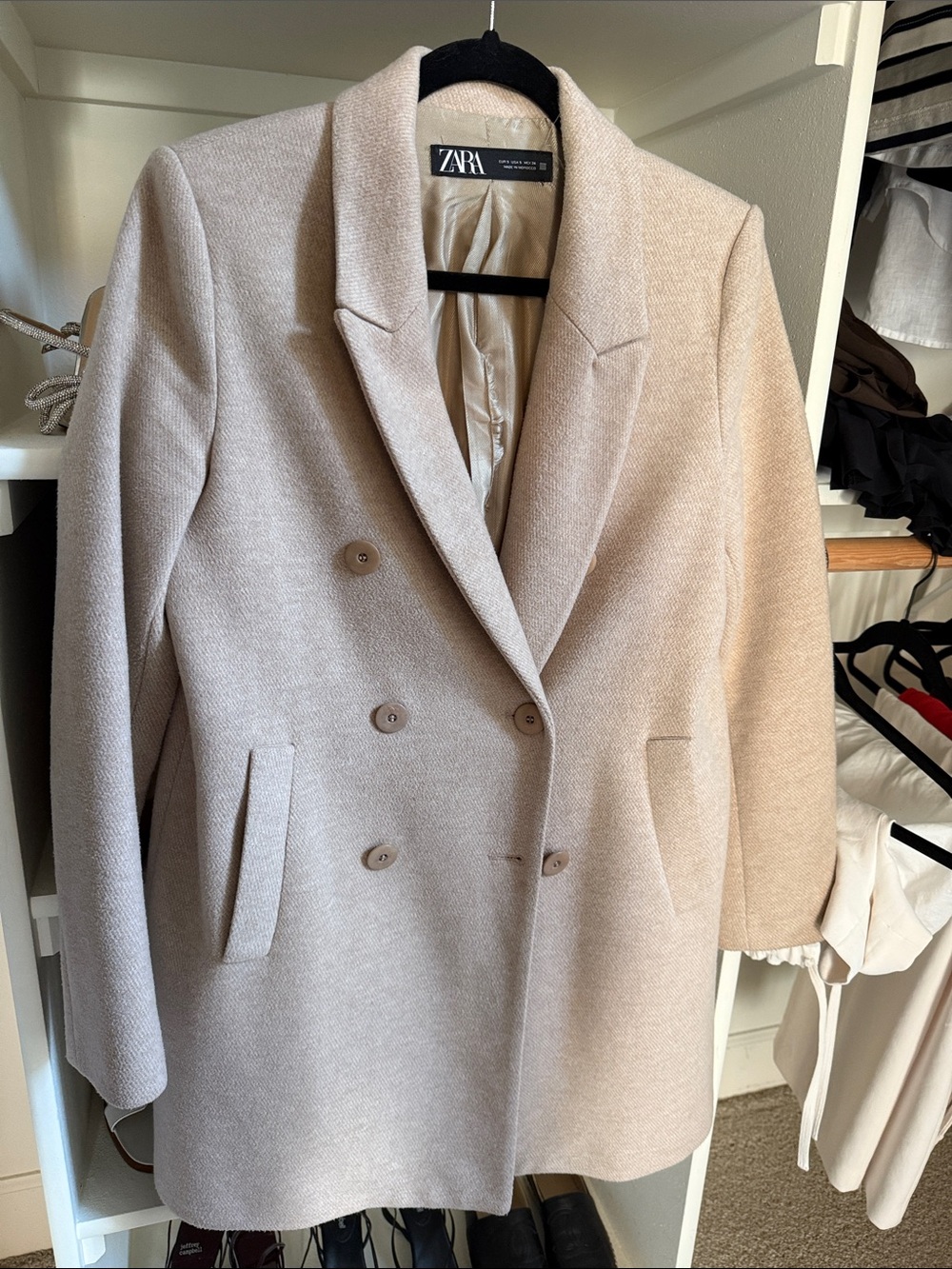 ZARA Women's Double-Breasted Light Beige Pea Coat